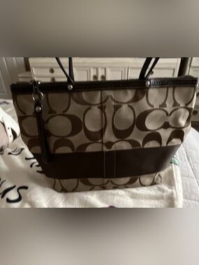 Coach Signature Canvas Shoulder Tote in Brown and Cream